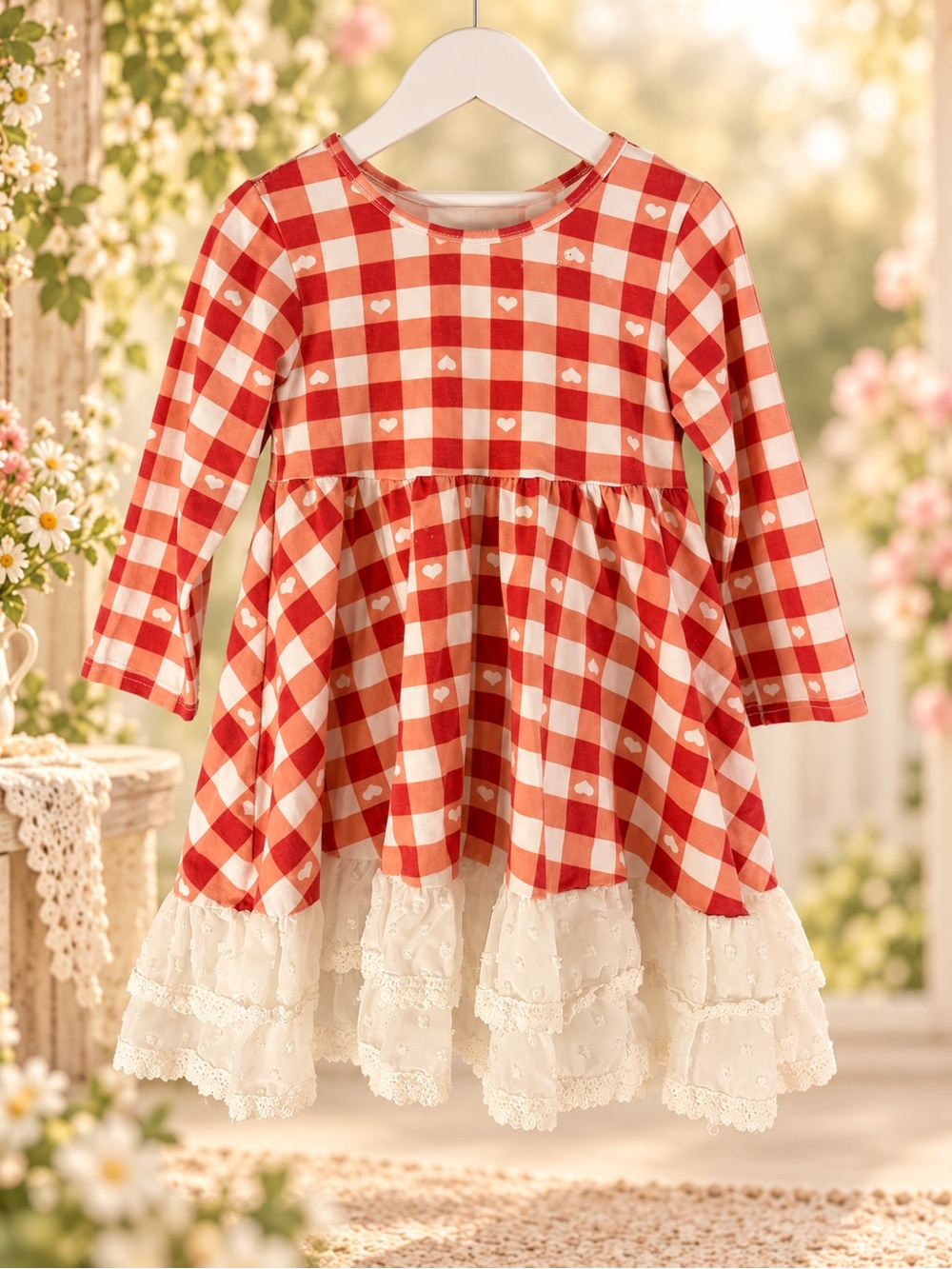 Orange Poppy Girls 4T Gingham Heart Dress Lace Ruffle Hem Boutique